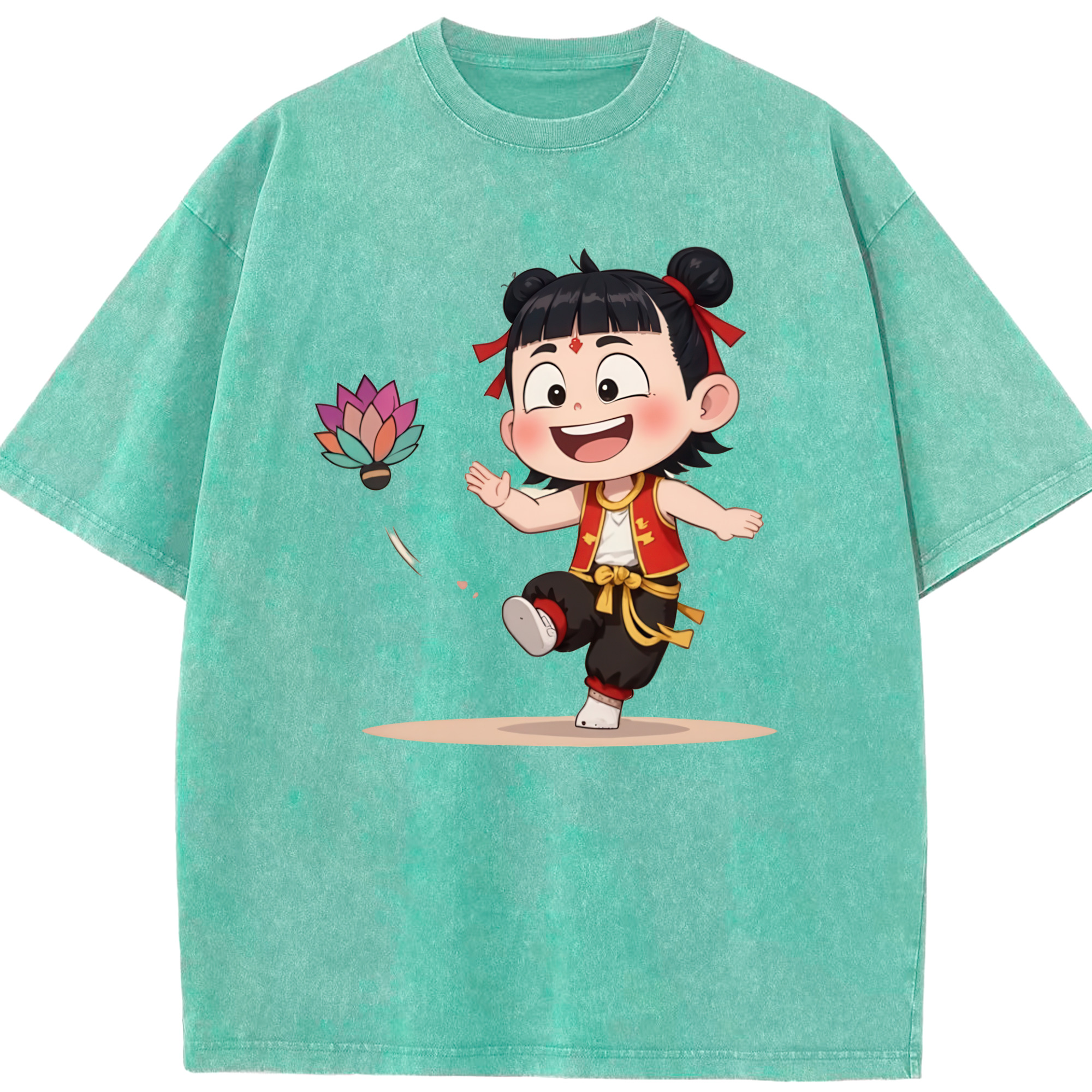 （画像用） Ne Zha 2 ナタ 魔童の大暴れ 綿100% ヴィンテージ風 半袖Tシャツ（フロントプリント）
